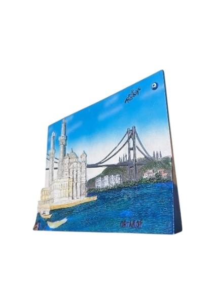 Vintage Ortaköy Cami ve Boğaziçi Köprüsü Görselli 3 Boyutlu El Boyaması Dekoratif Duvar Süsü modelleri