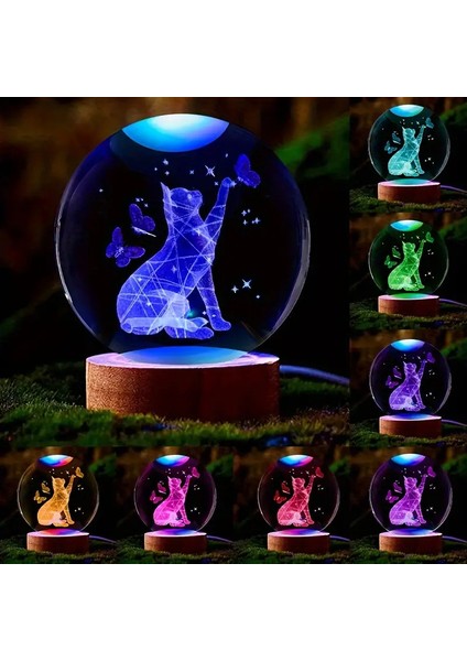 Kişiye Özel Işıklı Ahşap Kaideli Sevimli Kedi Temalı Cam Küre 8 *6cm fiyatları