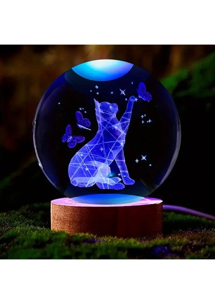 Kişiye Özel Işıklı Ahşap Kaideli Sevimli Kedi Temalı Cam Küre 8 *6cm modelleri