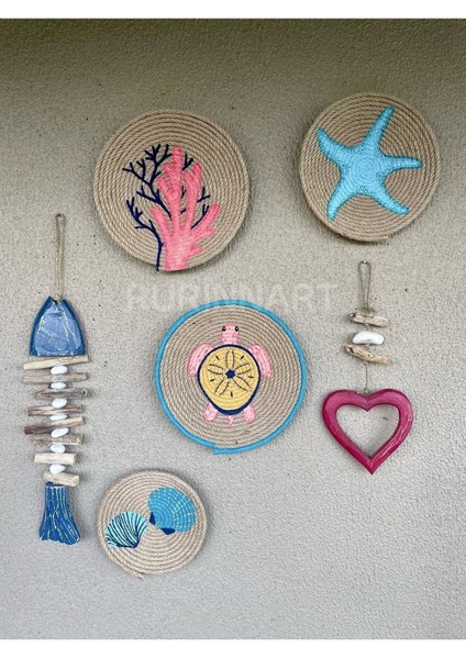 El Yapımı Deniz Canlıları ve Ahşap Kombinli Bohem/boho Hasır Duvar Tabağı Seti/afrikan Tabak Seti