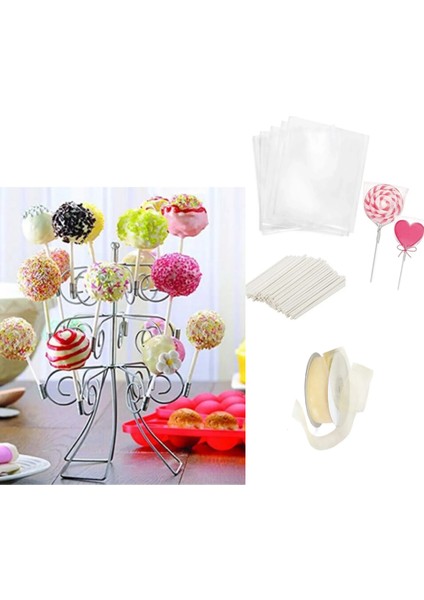 Lolipop Cakepops Kurabiye Yapım Seti 202LI Cakepops Standı Krem Kurdele Kurabiye Çubuğu ve Poşeti