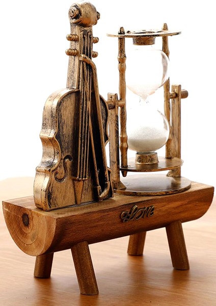 7 Dk Zamanlı Kum Saati ve Keman Dekor Kum Saati Seti 2li Dekoratif Bilblo Kum Saati Eskitme