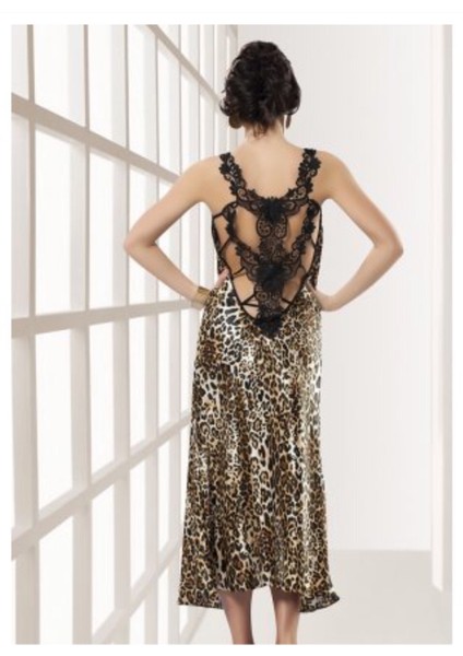 Leopar Saten Uzun Gecelik