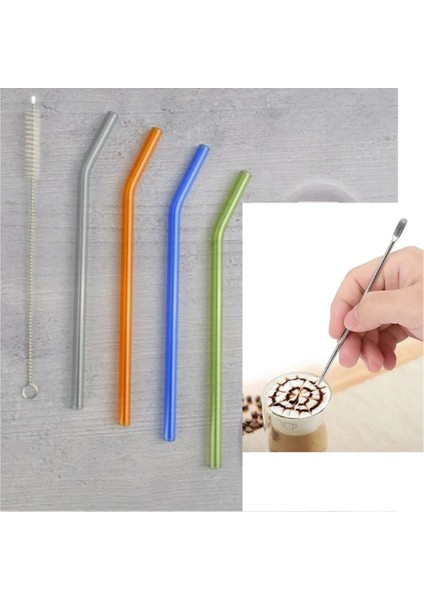 Latte Art Kalemi ve Cam Pipet Seti Kıvrık 4lü Kokteyl Bar Pipeti ve Temizleme Fırçası