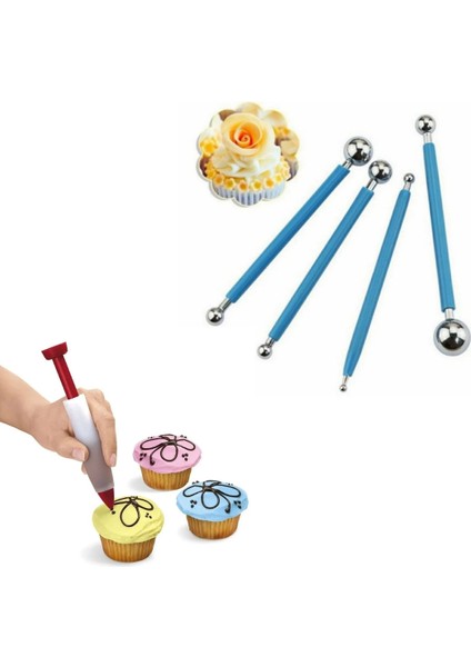 Pasta Dekor Kalemi ve Marzipan Seti Metal 4lü Şeker Hamuru Şekillendirme Pasta Süsleme Kalemi