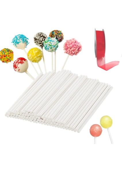 Lolipop Kek Cakepops Yapım Seti 101 Parça Pop Kek Lolipop Çubuğu 100LÜ ve Kırmızı Kurdele