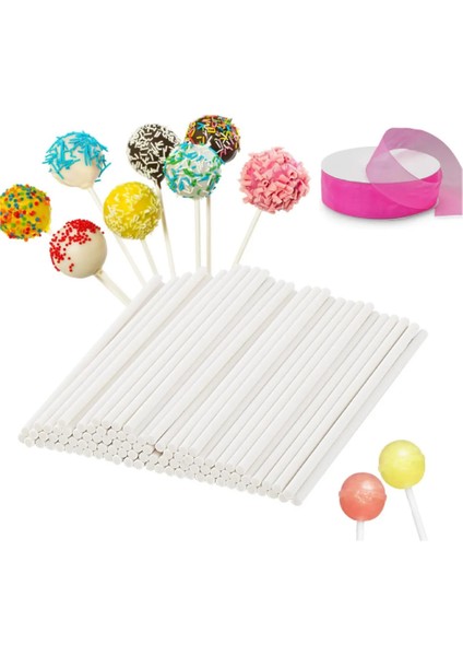 Lolipop Kek Cakepops Yapım Seti 101 Parça Pop Kek Lolipop Çubuğu 100LÜ ve Pembe Kurdele