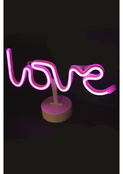 Love Yazılı Neon LED Pembe Başucu Masa Lambası