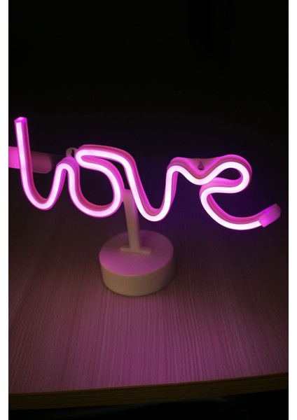 Love Yazılı Neon LED Pembe Başucu Masa Lambası