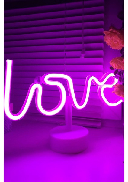 Love Yazılı Neon LED Pembe Başucu Masa Lambası