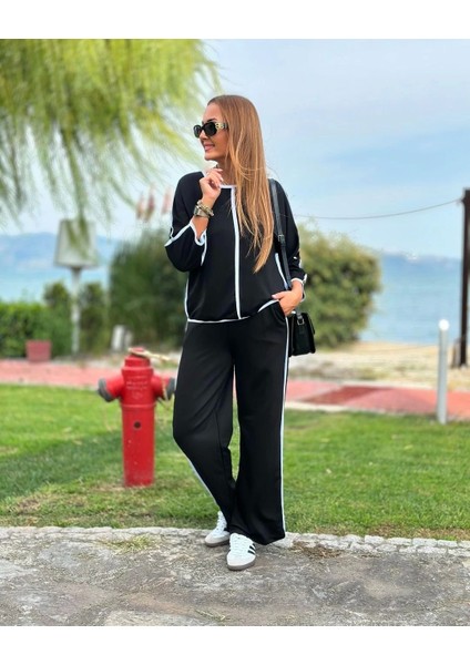 Kadın Bisiklet Yaka Fakir Kol Biye Detay Bluz ve Yüksek Bel Lastikli Pantolon Ikili Takım fiyatları