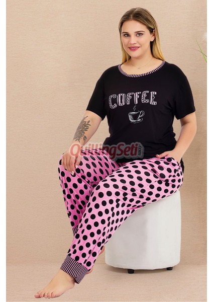 Pembe - Siyah Renk ve Puantiyeli Kadın Kısa Kol Büyük Beden Anne Pijama Takımı -11004 fiyatları