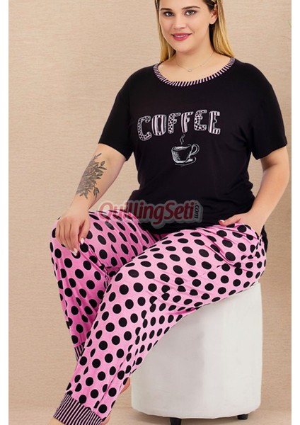 Pembe - Siyah Renk ve Puantiyeli Kadın Kısa Kol Büyük Beden Anne Pijama Takımı -11004 fırsatları