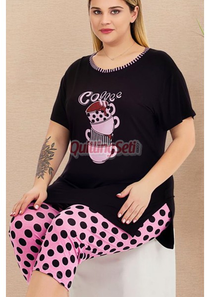 Pembe - Siyah Renk ve Puantiyeli 10723 Kadın Büyük Beden Tayt ve Kaprili Anne Pijama Takımı fırsatları