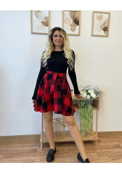 Kadın Uzun Kollu Bisiklet Yaka Üst Viskon Alt Ekose Kısa Elbise