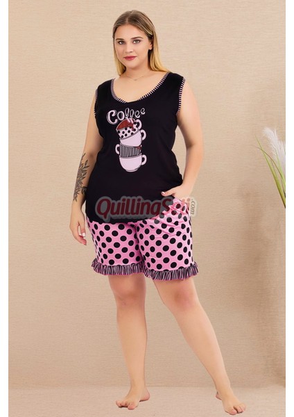 Pembe - Siyah Renk ve Puantiyeli 10431 Şortlu Büyük Beden Anne Pijama Takımı