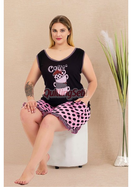 Pembe - Siyah Renk ve Puantiyeli 10431 Şortlu Büyük Beden Anne Pijama Takımı fiyatları