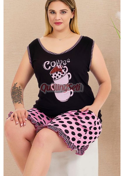 Pembe - Siyah Renk ve Puantiyeli 10431 Şortlu Büyük Beden Anne Pijama Takımı fırsatları