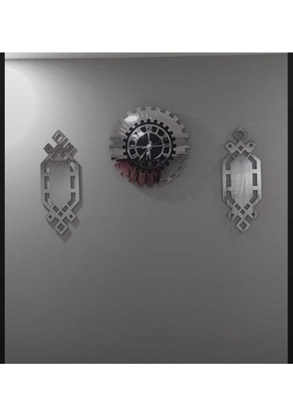 Tekno Trust x l Gümüş Renk Plexiglass Ayna Piyano Model Duvar Saati, + Tablo 3 Parça Set Özel Tasarım