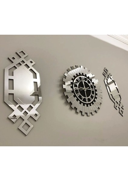 Tekno Trust x l Gümüş Renk Plexiglass Ayna Piyano Model Duvar Saati, + Tablo 3 Parça Set Özel Tasarım
