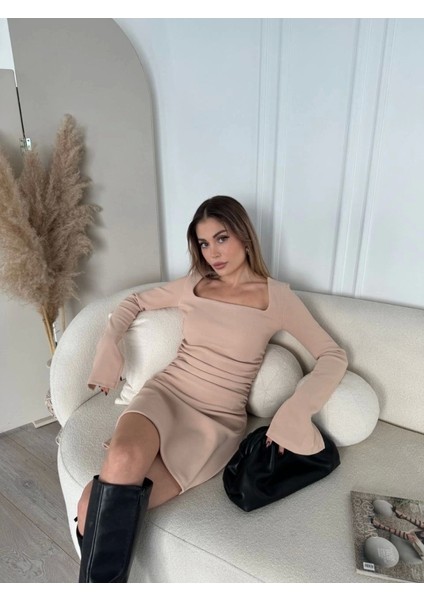 Kare Yaka Inı Boy Fitilli Elbise Bej