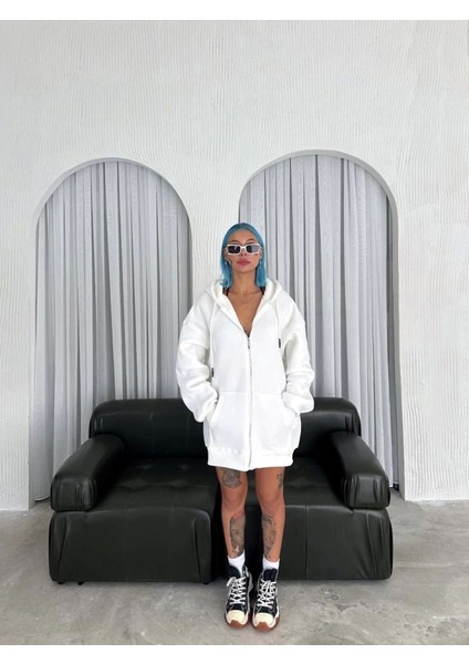 Oversize Tam Fermuarlı Uzun Kol Hırka Beyaz
