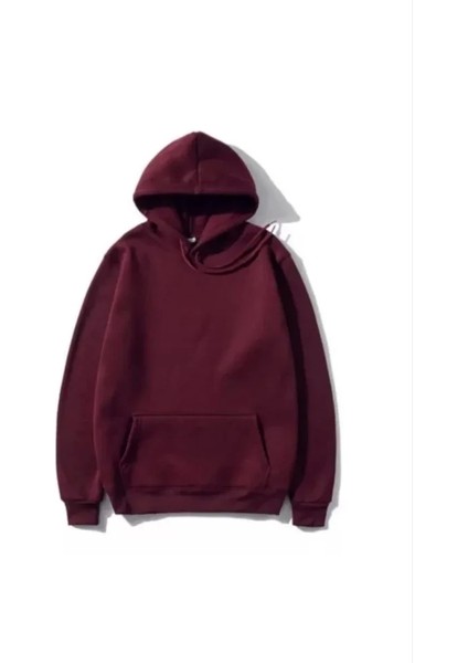 3 İplik Pamuklu Unisex Kapüşonlu Weetshirt Bordo