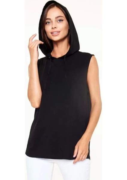 Unisex Kapşonlu Kolsuz Düz Oversize Tshirt Iyah