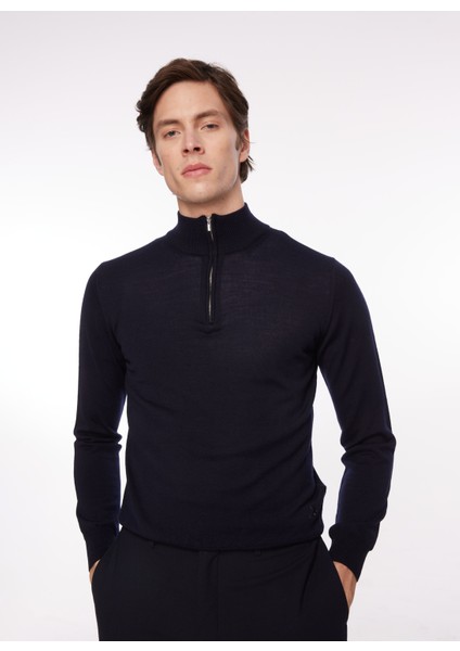Bisiklet Yaka Slim Fit Koyu Lacivert Erkek Kazak WM63_ZMG9