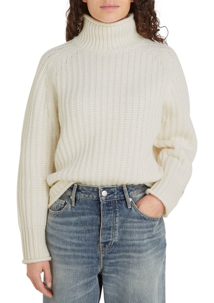 Balıkçı Yaka Standart Düz Ekru Kazak Kadın Chunky Cardıgan Stıtch M-Nk Swt