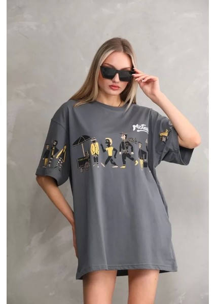 Bisiklet Yaka Baskılı Oversize Thirt Gri