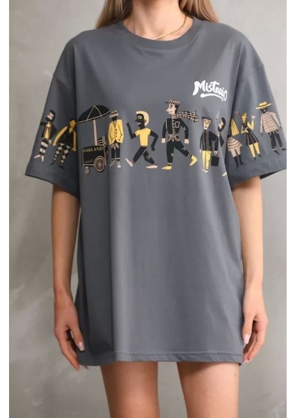 Bisiklet Yaka Baskılı Oversize Thirt Gri
