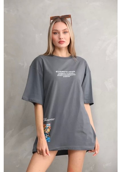 Unisex Bisiklet Yaka Baskılı Oversize Thirt Gri