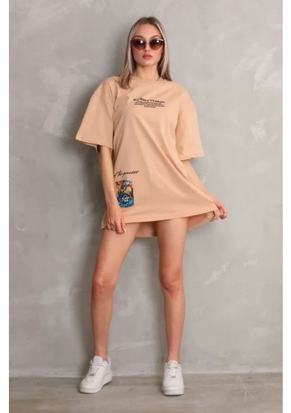 Unisex Bisiklet Yaka Baskılı Oversize Thirt Bej