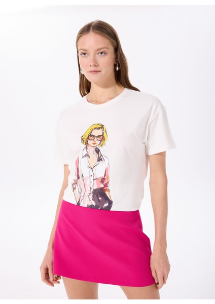 Bisiklet Yaka Düz Kırık Beyaz Kadın T-Shirt F5SL-TST0286