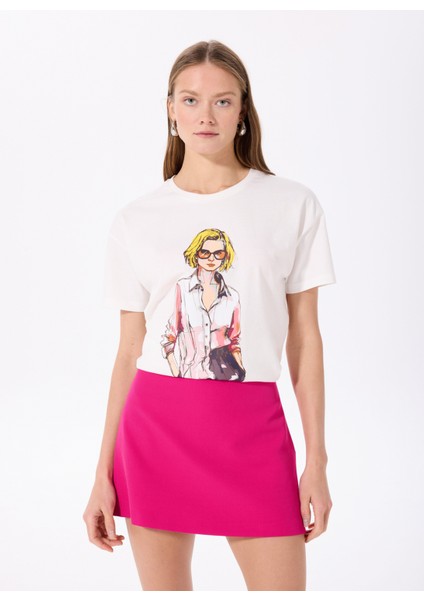Bisiklet Yaka Düz Kırık Beyaz Kadın T-Shirt F5SL-TST0286 modelleri