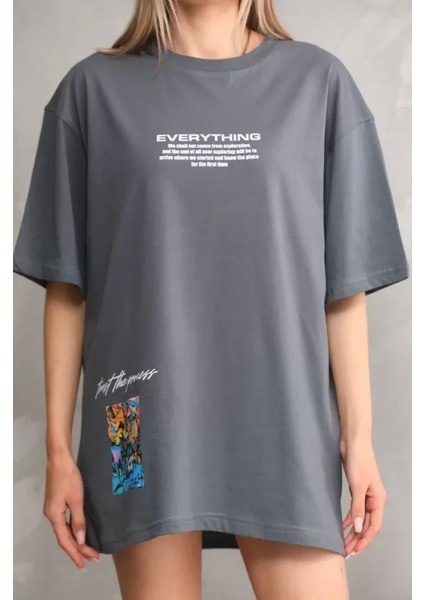 Unisex Bisiklet Yaka Baskılı Oversize Thirt Gri