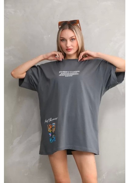 Unisex Bisiklet Yaka Baskılı Oversize Thirt Gri