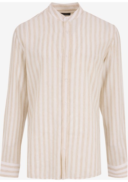 Regular Fit Hakim Yaka Çizgili Açık Bej Erkek Gömlek FC5SM-GML 2516
