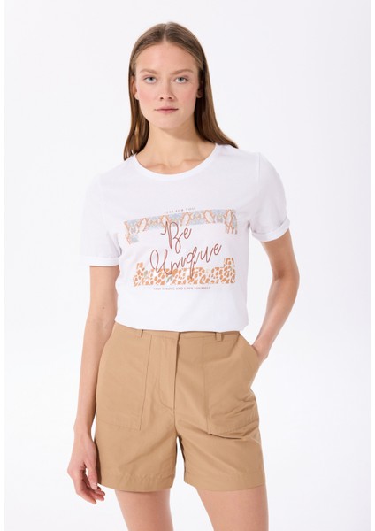 Bisiklet Yaka Baskılı Kırık Beyaz Kadın T-Shirt F5SL-TST0176