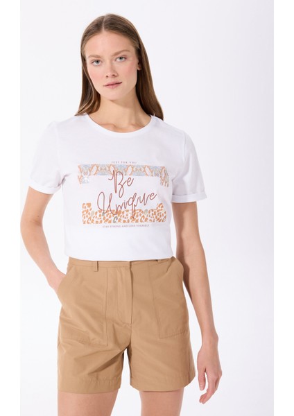 Bisiklet Yaka Baskılı Kırık Beyaz Kadın T-Shirt F5SL-TST0176 modelleri