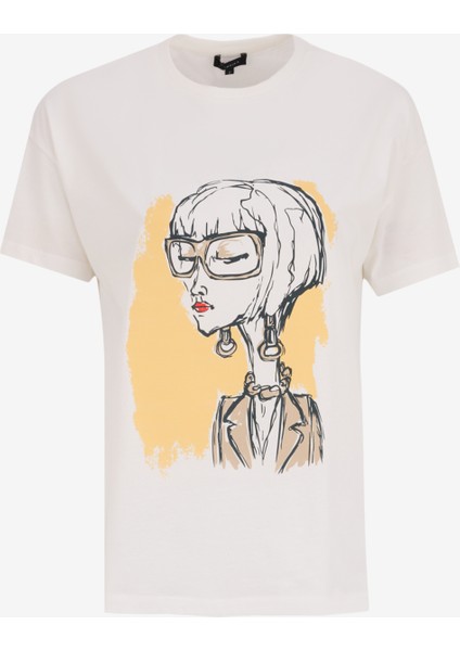 Bisiklet Yaka Baskılı Kırık Beyaz Kadın T-Shirt F5SL-TST0281