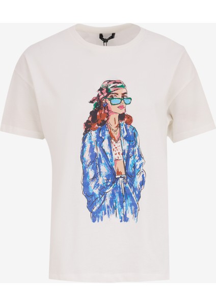 Bisiklet Yaka Düz Kırık Beyaz Kadın T-Shirt F5SL-TST0284