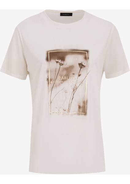 Bisiklet Yaka Baskılı Kırık Beyaz Kadın T-Shirt FC5SL-TST0374
