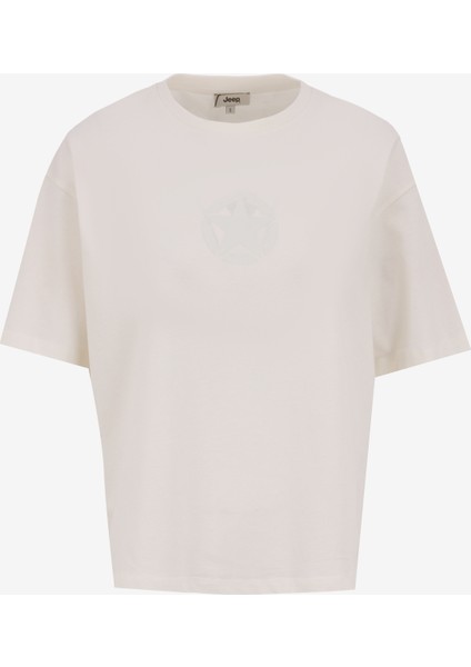 Bisiklet Yaka Baskılı Kırık Beyaz Kadın T-Shirt J5SL-TST7006