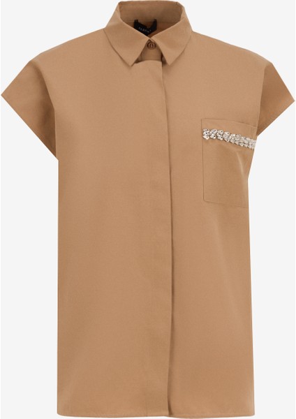 Loose Fit Gömlek Yaka Düz Deve Tüyü Kadın Gömlek F5SL-GML0324