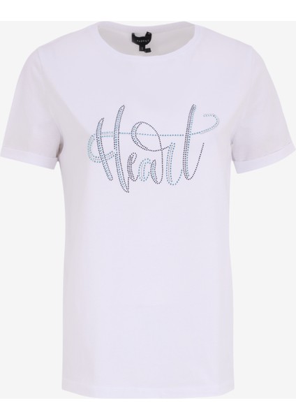 Bisiklet Yaka Taşlı Kırık Beyaz Kadın T-Shirt F5SL-TST0187