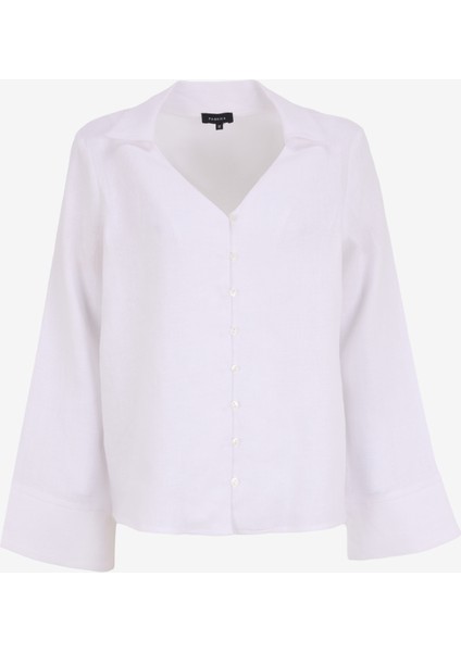 Rahat V Yaka Düz Beyaz Kadın Gömlek F5SL-GML0322