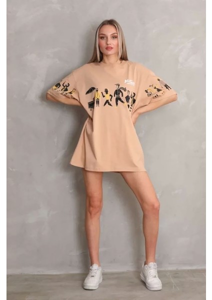 Unisex Bisiklet Yaka Baskılı Oversize Thirt Bej