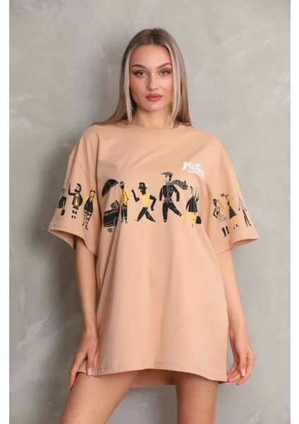 Unisex Bisiklet Yaka Baskılı Oversize Thirt Bej
